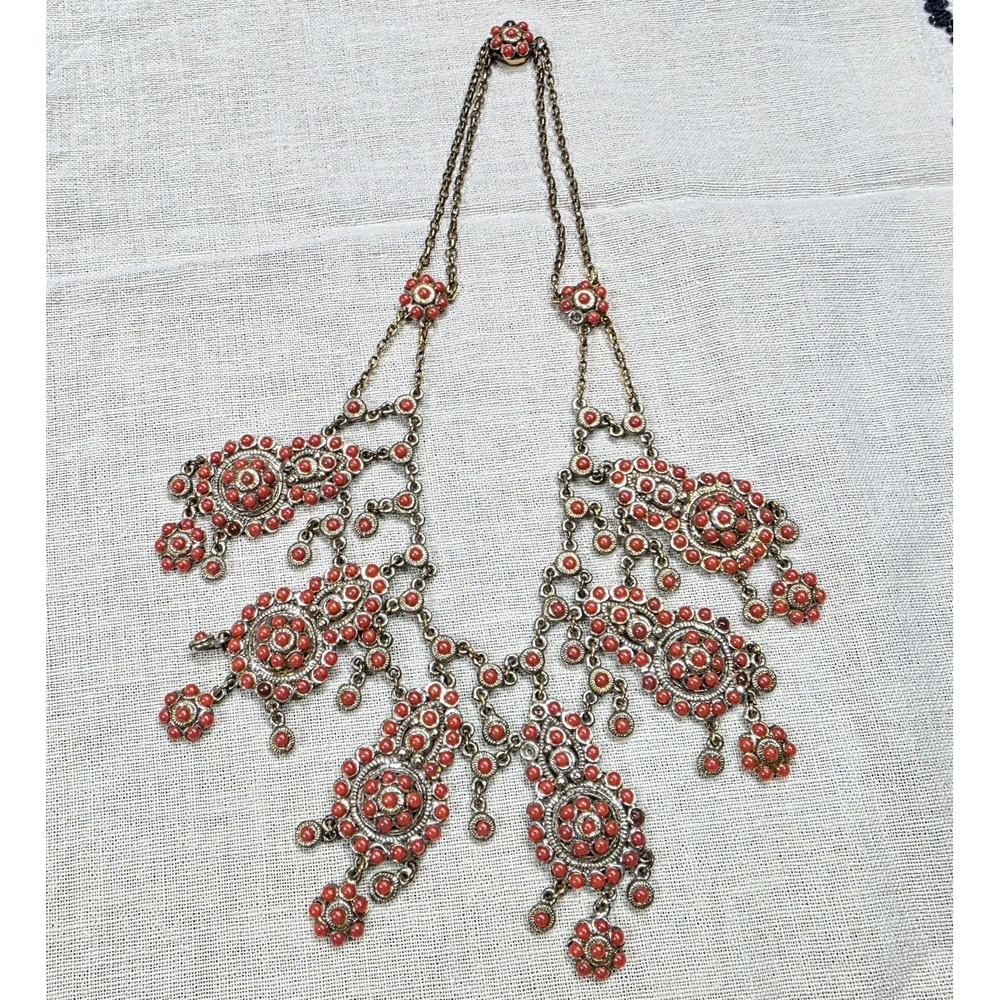 Bib Statement Necklace Orange Resin Rhinestone Boho Ethnic Floral Fringe Art